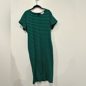Unique Vintage 1960s Green & Navy Stripe Presley Wiggle Dress - 1X/16